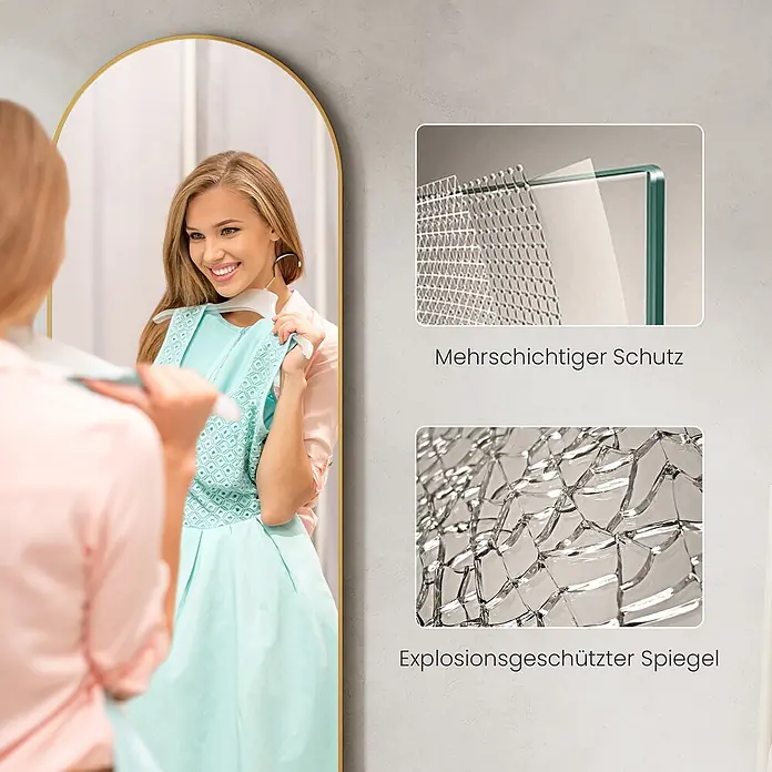 Emke Standspiegel FM07 - 60 x 160 cm, Glas - Goldgerahmter Ganzkörperspiegel mit mehrschichtigem Splitterschutzglas.