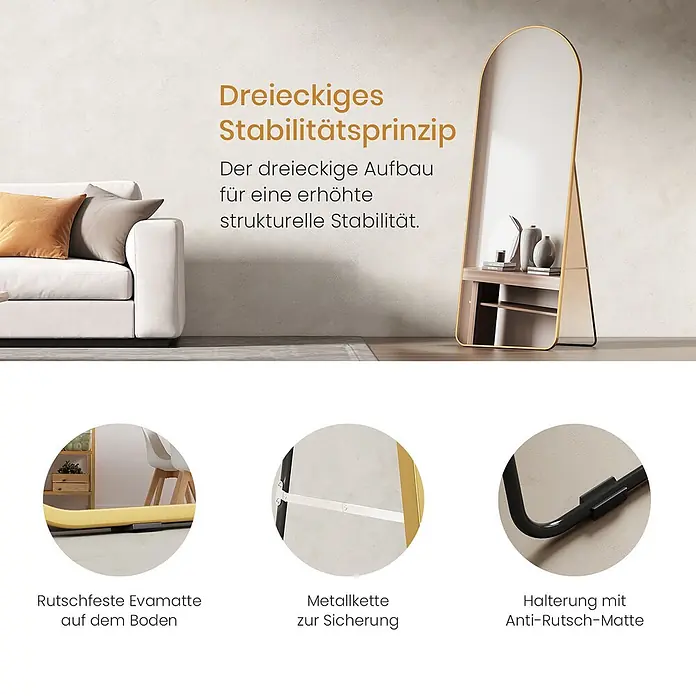 Emke Standspiegel FM07 - 60 x 160 cm, Glas - Goldgerahmter Ganzkörperspiegel mit Ablage, zeigt Dreiecksstabilität, rutschfeste Füße, Sicherheitskette und rutschfeste Halterung.