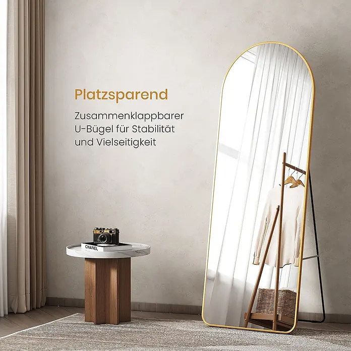 Emke Standspiegel FM07 - 60 x 160 cm, Glas - Goldgerahmter Ganzkörperspiegel mit klappbarem U-Ständer für Stabilität und Vielseitigkeit.