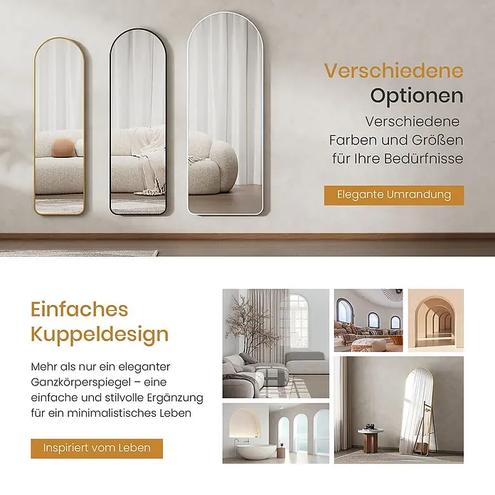 Emke Standspiegel FM07 - 60 x 160 cm, Glas - Drei gewölbte Ganzkörperspiegel mit goldenen, schwarzen und weißen Rahmen, in einem modernen Interieur präsentiert.