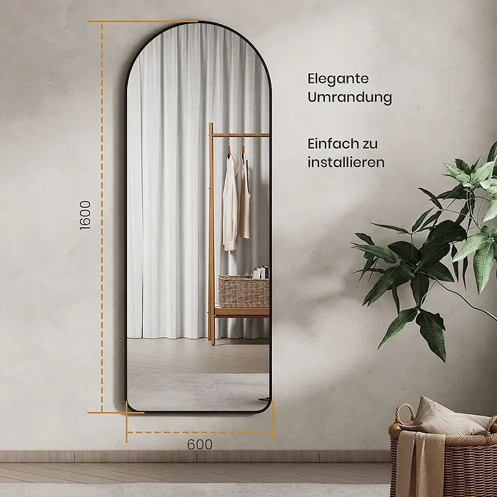 Emke Standspiegel - 60 x 160 cm, Glas - Schwarz gerahmter Bogen-Ganzkörperspiegel (1600x600 mm) im modernen Raumambiente.