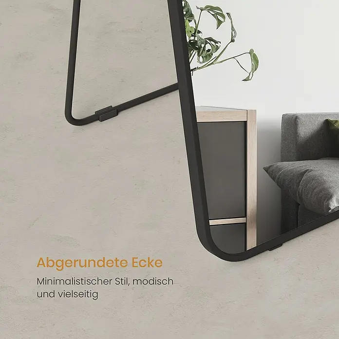 Emke Standspiegel - 60 x 160 cm, Glas - Schwarzer Spiegel mit abgerundeten Ecken, anlehnend, spiegelt modernes Interieur wider.