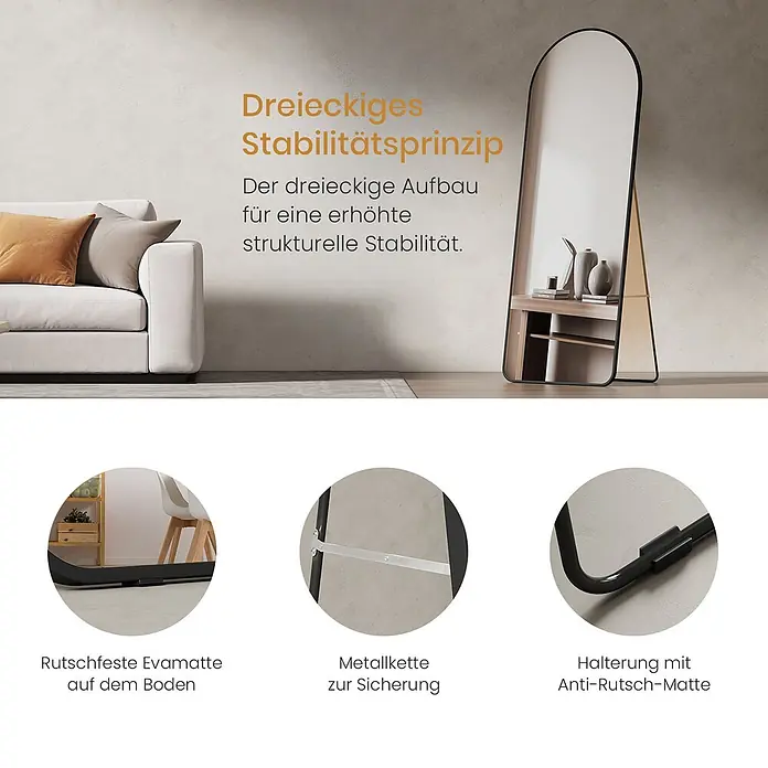 Emke Standspiegel - 60 x 160 cm, Glas - Freistehender Ganzkörperspiegel mit dreieckigem Ständer für Stabilität, rutschfester Basis und Sicherungskette.
