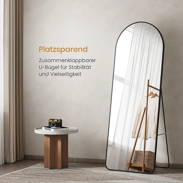 Emke Standspiegel - 60 x 160 cm, Glas - Freistehender Ganzkörperspiegel mit schwarzem Rahmen und klappbarem U-Bügel für Stabilität und Vielseitigkeit.