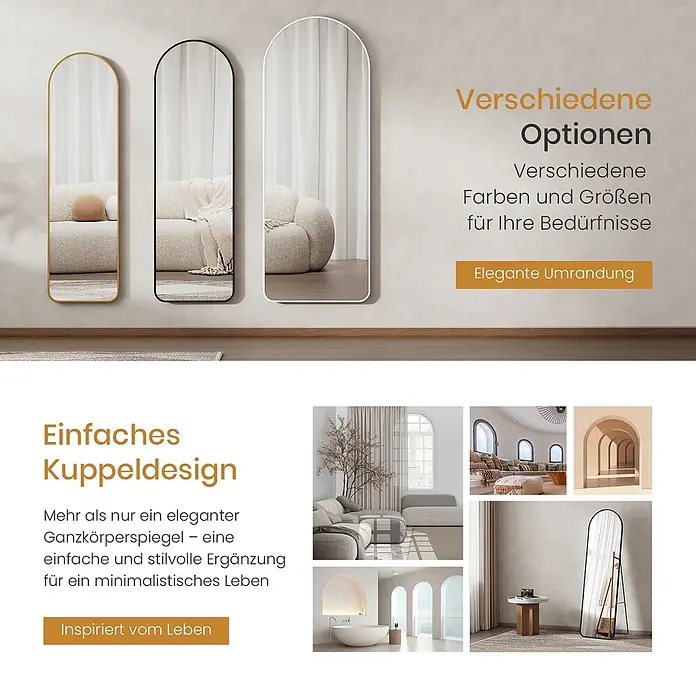Emke Standspiegel - 60 x 160 cm, Glas - Bogenförmige Ganzkörperspiegel in Gold, Schwarz und Weiß, kombiniert mit Innenraumideen mit gewölbten Formen.