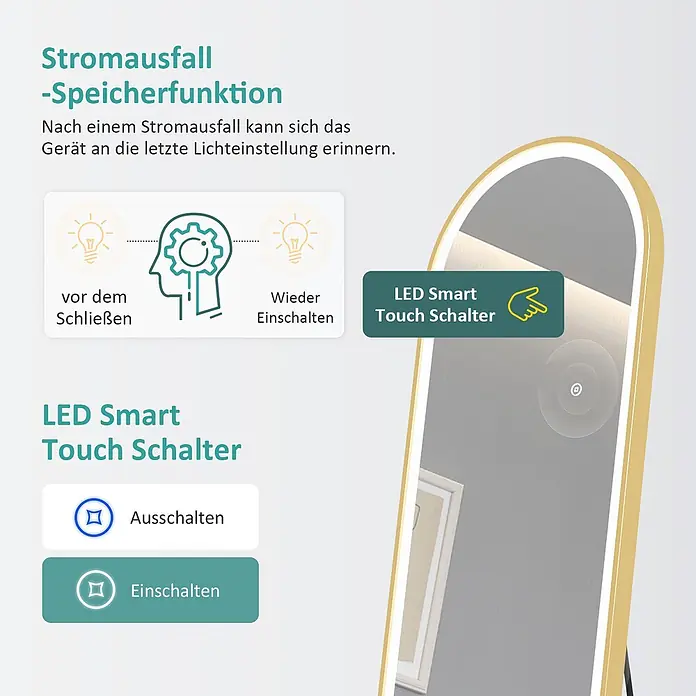 Emke Standspiegel FM06 - 45 x 147 cm, Glas - Goldgerahmter Bogen-Spiegel mit beleuchteten LEDs, zeigt Smart-Touch-Schalter und Stromausfall-Speicherfunktion.