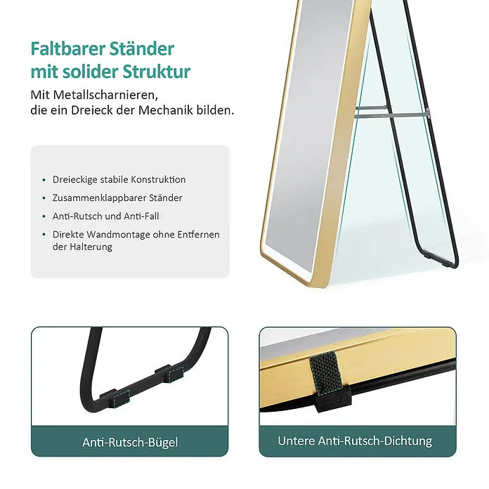 Emke Standspiegel FM06 - 45 x 147 cm, Glas - Faltbarer Spiegel mit goldenem Rahmen und stabilem, rutschfestem Ständer mit Metallscharnieren.