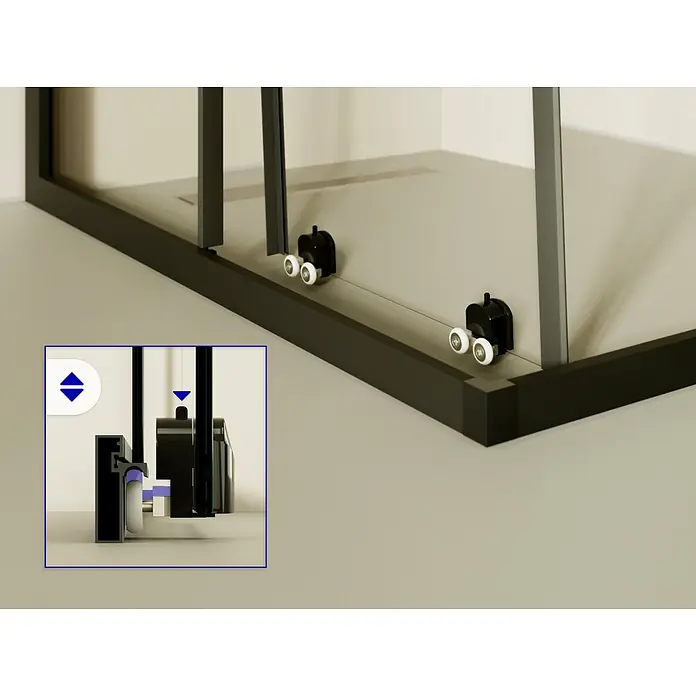 i-flair Eckdusche DK79MF75x90 - Beschichtet, Schwarz, Stärke: 6 mm - Schwarze Duschrolltüren mit weißen Rädern für eine Schiebekabine, mit Detailansicht der Höhenverstellung.