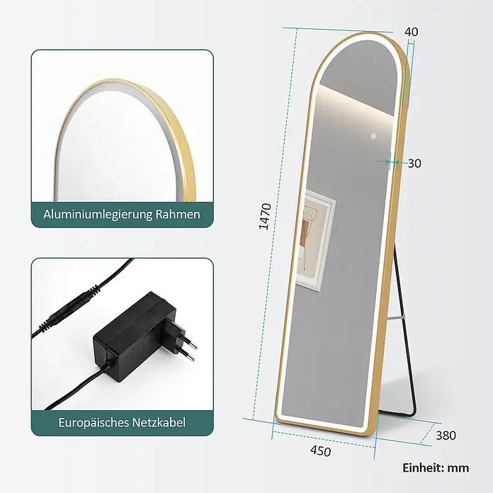 Emke Standspiegel FM06 - 45 x 147 cm, Glas - Gewölbter LED-Ganzkörperspiegel mit goldenem Aluminiumlegierungsrahmen und europäischem Netzteil. Maße: 1470x450x40mm.