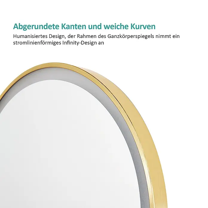 Emke Standspiegel FM06 - 45 x 147 cm, Glas - Nahaufnahme eines Spiegels mit goldenem, abgerundetem Rahmen im stromlinienförmigen Infinity-Design.