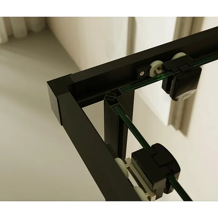 i-flair Eckdusche DK79MF75x90 - Beschichtet, Schwarz, Stärke: 6 mm - Schwarzer Duschkabinenrahmen mit klaren Glaspaneelen, zeigt Schiebetürrollen und -schiene.