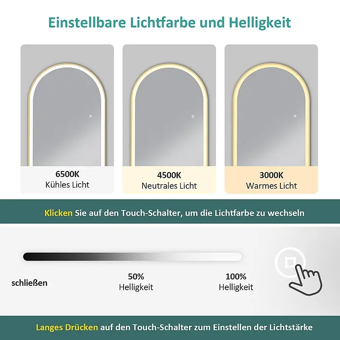 Emke Standspiegel FM06 - 45 x 147 cm, Glas - Rechteckiger Spiegel mit abgerundeter Oberseite, integriertem LED-Licht mit einstellbaren kühlen, neutralen und warmen Farbtemperaturen und dimmbarer Helligkeit per Touch-Schalter.