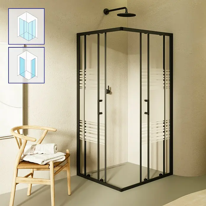 i-flair Eckdusche DK79MF90x90 - Beschichtet, Schwarz, Stärke: 6 mm - Schwarze Eckduschkabine mit gestreiften Milchglasscheiben, in modernem Bad installiert. Diagramme zeigen Einstiegsoptionen.