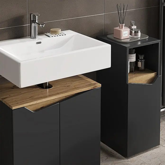 Vicco Badmöbel-Set Marelle Anthrazit 5 Teile - Gesamtbreite Badmöbel: 120 cm, Anthrazit, Matt - Moderne Badmöbel mit weißem Waschbecken, Holzplatte und dunkelgrauen Schränken, ergänzt durch einen passenden Hochschrank.