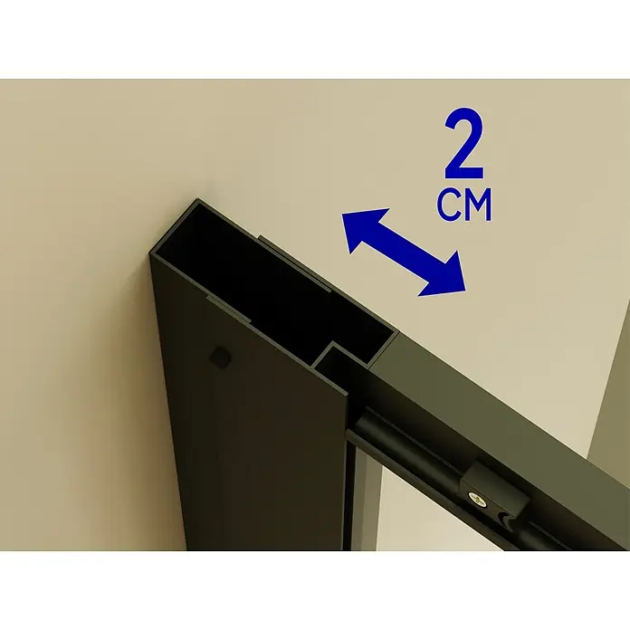 i-flair Eckdusche DK79MF90x90 - Beschichtet, Schwarz, Stärke: 6 mm - Dunkelgraues Metallprofil mit innerer Schiene, das einen einstellbaren Abstand von 2 cm zur Wand zeigt.