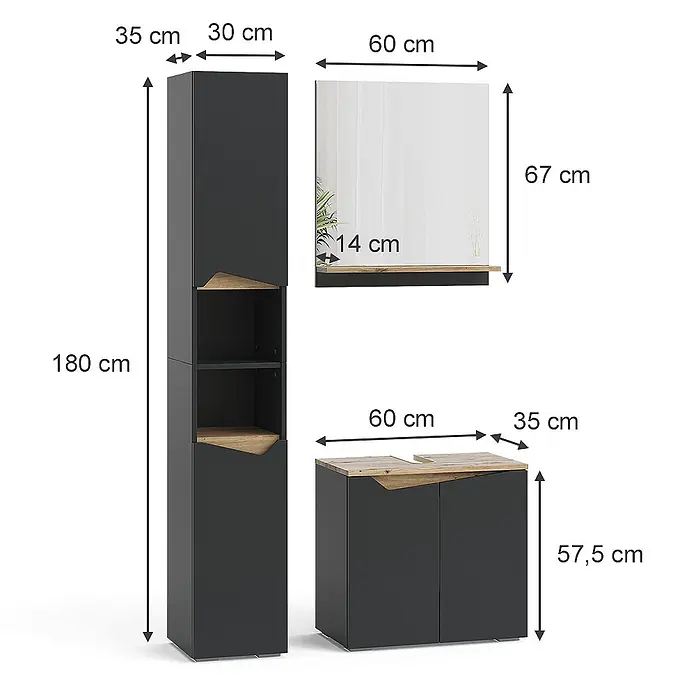 Vicco Badmöbel-Set Marelle Anthrazit 3 Teile, mit Hochschrank - Gesamtbreite Badmöbel: 90 cm, Anthrazit, Matt - Modernes anthrazitfarbenes Badmöbelset mit Eichenholzoptik-Akzenten: Hochschrank, Waschtischunterschrank und Spiegel.