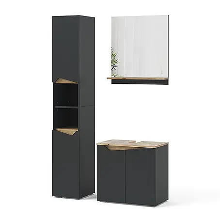 Vicco  Badmöbel-Set Marelle Anthrazit 3 Teile, mit Hochschrank