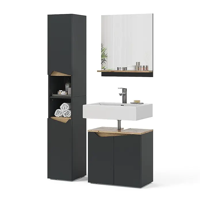 Vicco Badmöbel-Set Marelle Anthrazit 3 Teile, mit Hochschrank - Gesamtbreite Badmöbel: 90 cm, Anthrazit, Matt - Dunkelgraues Badmöbelset mit Holzdetails: Hochschrank, Waschtisch mit weißem Waschbecken und Spiegel.