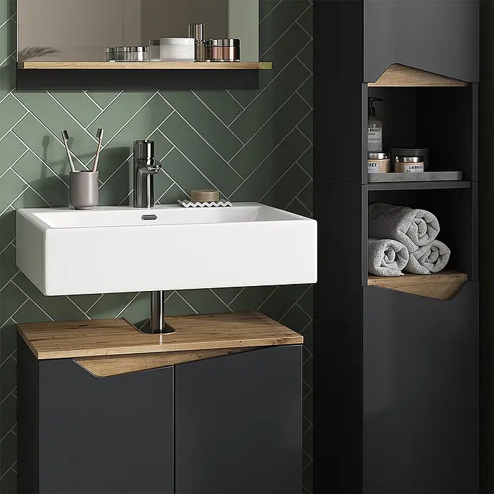 Vicco Badmöbel-Set Marelle Anthrazit 3 Teile, mit Hochschrank - Gesamtbreite Badmöbel: 90 cm, Anthrazit, Matt - Moderner Badwaschtisch mit weißem Waschbecken, dunkelgrauem Unterschrank mit Holzplatte und passendem Hochschrank mit Holzböden.