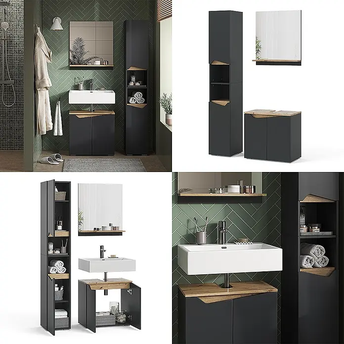 Vicco Badmöbel-Set Marelle Anthrazit 3 Teile, mit Hochschrank - Gesamtbreite Badmöbel: 90 cm, Anthrazit, Matt - Modernes dunkelgraues Badmöbel-Set mit Holzdetails, Waschtisch mit weißem Waschbecken, Hochschrank und Spiegel.