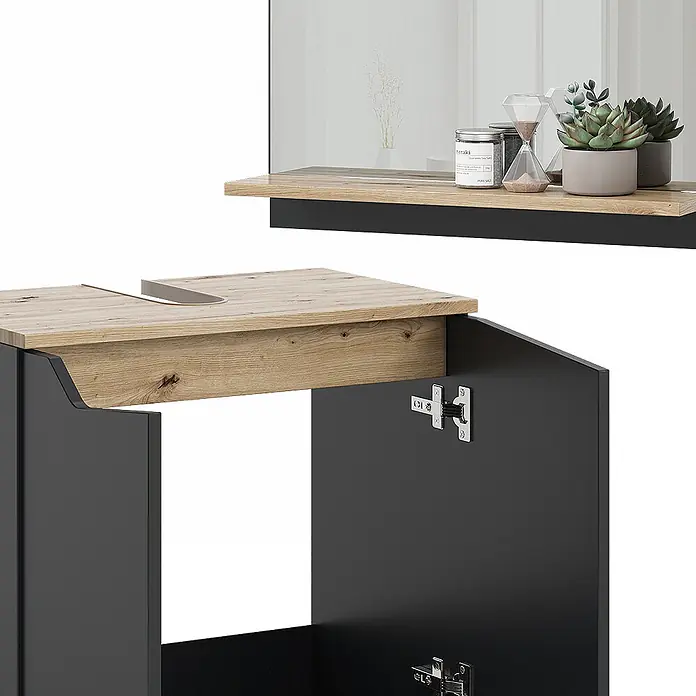 Vicco Badmöbel-Set Marelle Anthrazit 3 Teile, mit Hochschrank - Gesamtbreite Badmöbel: 90 cm, Anthrazit, Matt - Modernes Badmöbelset mit heller Holzoptik-Waschtischplatte und dunkelgrauem Unterschrank, teilweise geöffnet, mit passendem Wandregal.