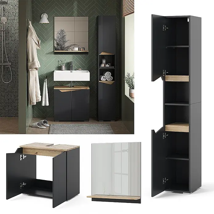 Vicco Badmöbel-Set Marelle Anthrazit 3 Teile, mit Hochschrank - Gesamtbreite Badmöbel: 90 cm, Anthrazit, Matt - Dunkelgraues Badmöbel-Set mit Eichenakzenten, bestehend aus Waschtischunterschrank, Hochschrank und Spiegel mit Ablage.