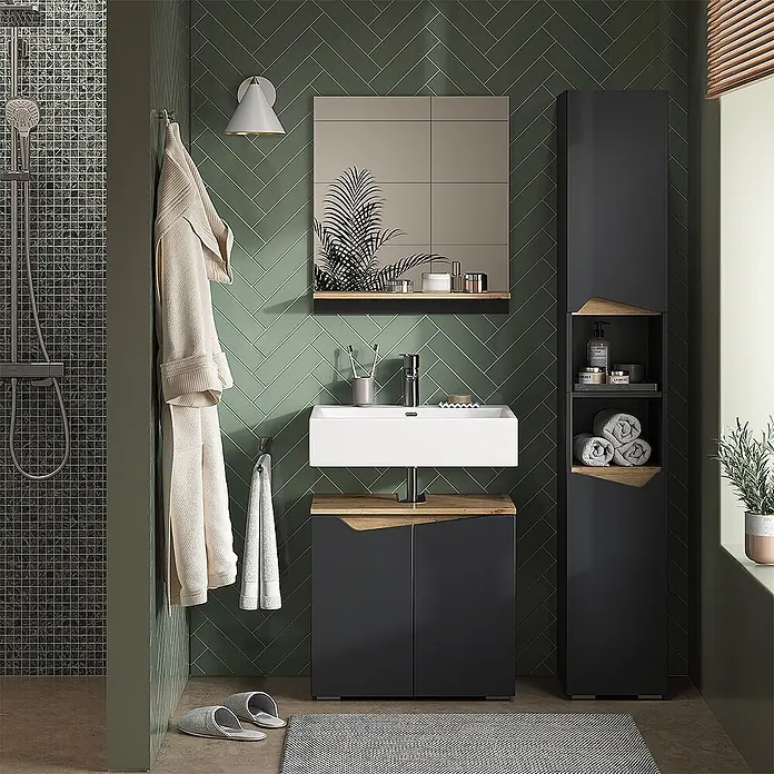 Vicco Badmöbel-Set Marelle Anthrazit 3 Teile, mit Hochschrank - Gesamtbreite Badmöbel: 90 cm, Anthrazit, Matt - Dunkelgrauer Badwaschtisch mit Holzakzenten und weißem Waschbecken, daneben ein passender hoher Badschrank.