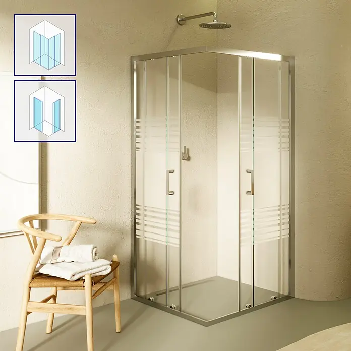 i-flair Eckdusche DK77MF80x100 - Beschichtet, Silber, Stärke: 6 mm - Eckduschkabine mit klaren Glasschiebetüren, gestreiftem Milchglasdekor und Chromrahmen.