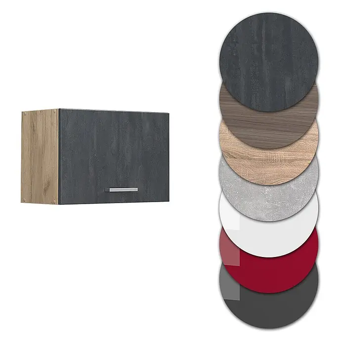 Vicco Schrankküche R-Line Schwarz Beton Flach - Schwarz Beton, Hängeschrank 60 cm (flach) - Hängeschrank mit dunkelgrauer Tür und Holzdekor-Seite, daneben Muster verschiedener Oberflächen.