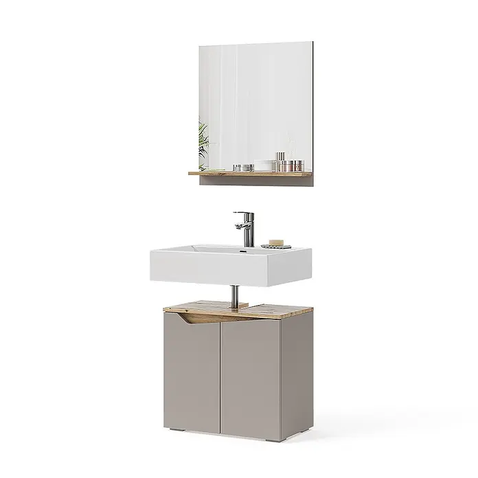 Vicco Badmöbel-Set Marelle Greige 2 Teile - Gesamtbreite Badmöbel: 60 cm, Greige, Matt - Modernes Badezimmer-Set mit rechteckigem Spiegel, Holzablage, weißem Waschbecken, Chrom-Wasserhahn und grauem Unterschrank mit Holzplatte.