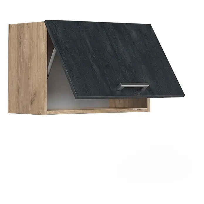Vicco Schrankküche R-Line Schwarz Beton Flach - Schwarz Beton, Hängeschrank 60 cm (flach) - Hängeschrank mit heller Holzmaserung und dunkelgrauer, strukturierter, nach oben öffnender Tür mit silbernem Griff und Gasdruckfeder.