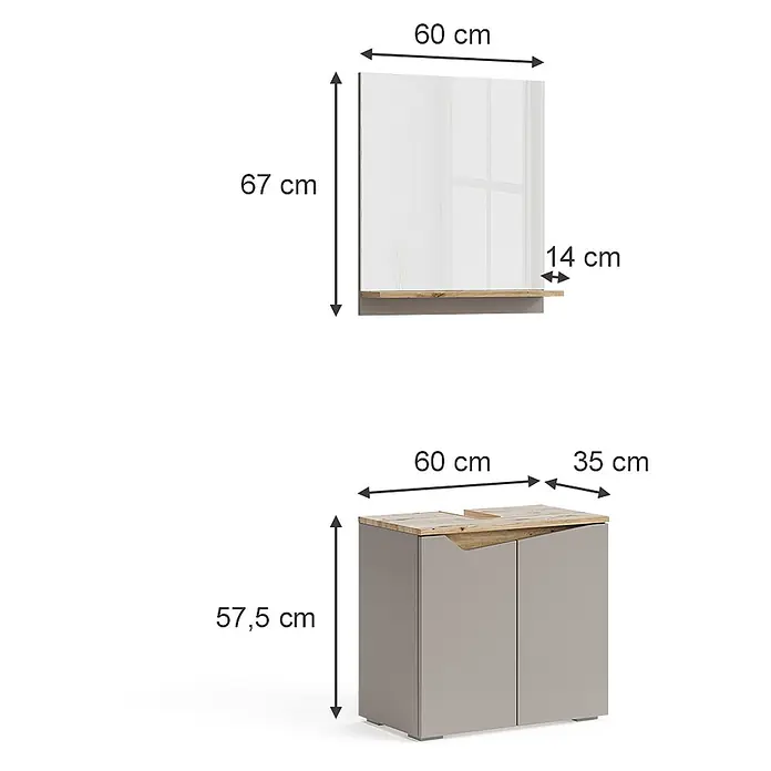 Vicco Badmöbel-Set Marelle Greige 2 Teile - Gesamtbreite Badmöbel: 60 cm, Greige, Matt - Grauer Badschrank mit Holzplatte (60x35x57,5 cm) und passendem Spiegel mit Holzablage (60x14x67 cm).