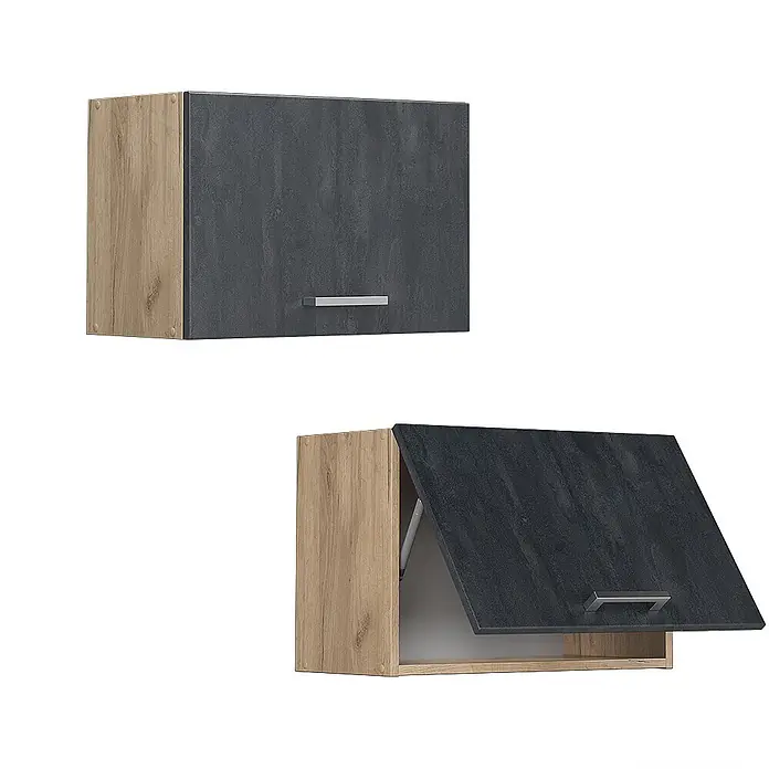 Vicco Schrankküche R-Line Schwarz Beton Flach - Schwarz Beton, Hängeschrank 60 cm (flach) - Zweifarbiger Hängeschrank mit Holzseite und dunkler, strukturierter Front, geschlossen und mit nach oben öffnender Tür.