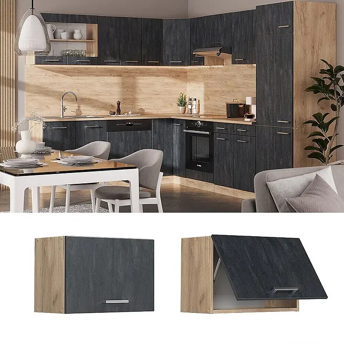 Vicco Schrankküche R-Line Schwarz Beton Flach - Schwarz Beton, Hängeschrank 60 cm (flach) - Dunkelgraue Küche mit hellen Holzakzenten, mit Ober- und Unterschränken, teils mit integrierten Geräten.