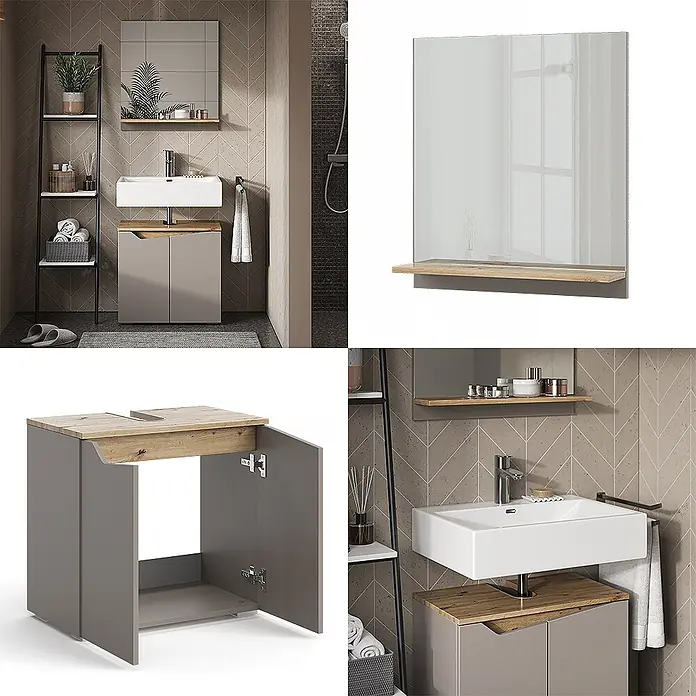 Vicco Badmöbel-Set Marelle Greige 2 Teile - Gesamtbreite Badmöbel: 60 cm, Greige, Matt - Modernes Badmöbel-Set mit grauem Schrank, weißem Waschbecken, Holzelementen, Spiegel und schwarzem Regal.