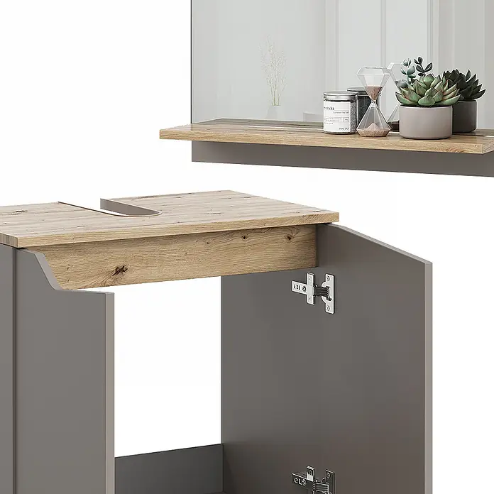 Vicco Badmöbel-Set Marelle Greige 2 Teile - Gesamtbreite Badmöbel: 60 cm, Greige, Matt - Grauer Badunterschrank mit heller Holzplatte und offener Tür, dazu passendes Spiegelregal.