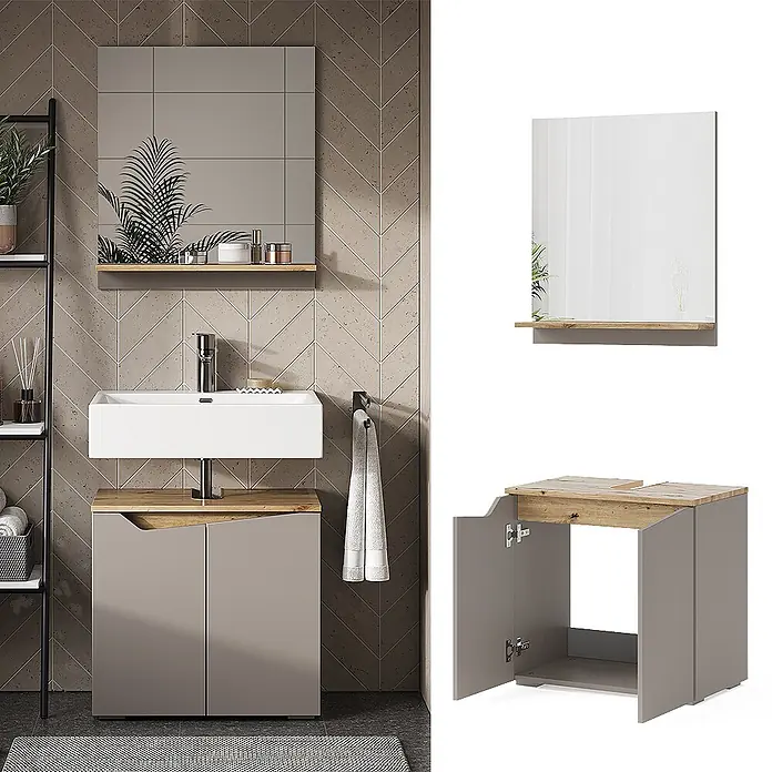 Vicco Badmöbel-Set Marelle Greige 2 Teile - Gesamtbreite Badmöbel: 60 cm, Greige, Matt - Modernes Badezimmermöbel-Set: taupefarbener Unterschrank mit Holzoptik-Platte, weißes Waschbecken, Spiegel mit Holzablage.