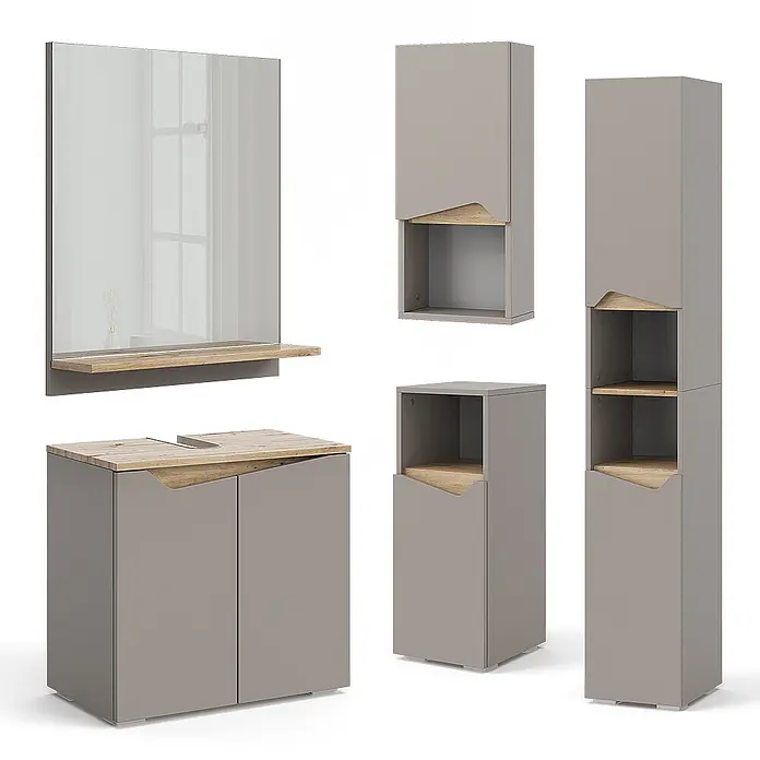 Vicco Badmöbel-Set Marelle Greige 5 Teile - Gesamtbreite Badmöbel: 120 cm, Greige, Matt - Modernes Badezimmermöbelset in Grau und hellem Holz mit Spiegel, Waschtisch und Schränken.