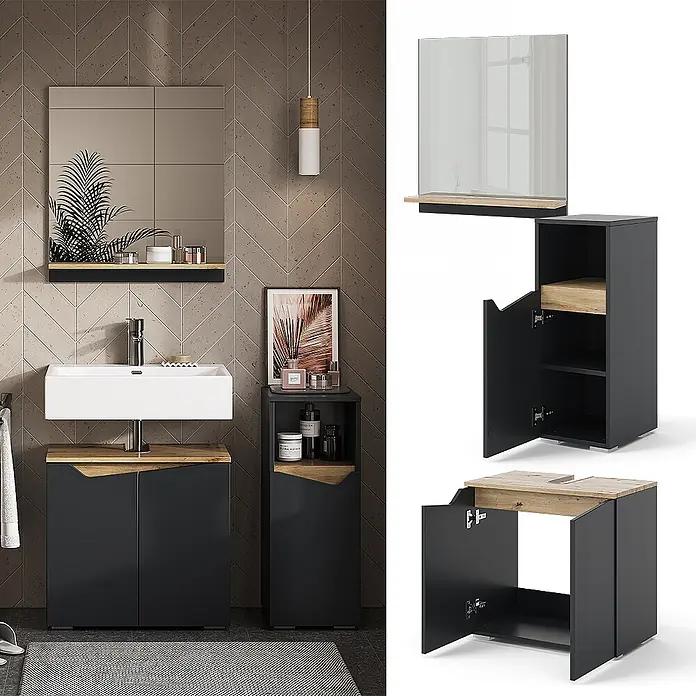 Vicco Badmöbel-Set Marelle Anthrazit 3 Teile, mit Midischrank - Gesamtbreite Badmöbel: 90 cm, Anthrazit, Matt - Schwarzes Badmöbelset mit Holzdetails, Waschtisch, Hochschrank und Spiegelablage, in einem modernen Badezimmer.