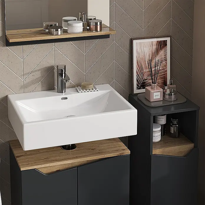 Vicco Badmöbel-Set Marelle Anthrazit 3 Teile, mit Midischrank - Gesamtbreite Badmöbel: 90 cm, Anthrazit, Matt - Weißes rechteckiges Waschbecken auf dunkelgrauem Badmöbel mit Holzplatte und passendem Beistellschrank.