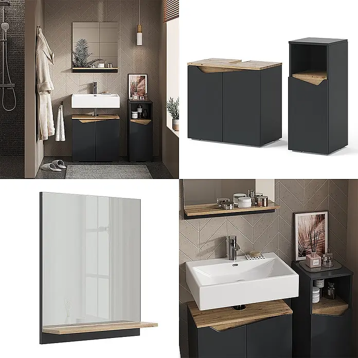 Vicco Badmöbel-Set Marelle Anthrazit 3 Teile, mit Midischrank - Gesamtbreite Badmöbel: 90 cm, Anthrazit, Matt - Moderne dunkelgraue Badmöbel mit Holzdetails: Waschbeckenunterschrank, Hochschrank und Spiegel.