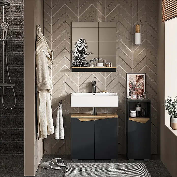 Vicco Badmöbel-Set Marelle Anthrazit 3 Teile, mit Midischrank - Gesamtbreite Badmöbel: 90 cm, Anthrazit, Matt - Moderne dunkelgraue Badezimmer-Waschtischanlage mit Holzoptik-Platte und weißem Waschbecken, ergänzt durch einen passenden Hochschrank.