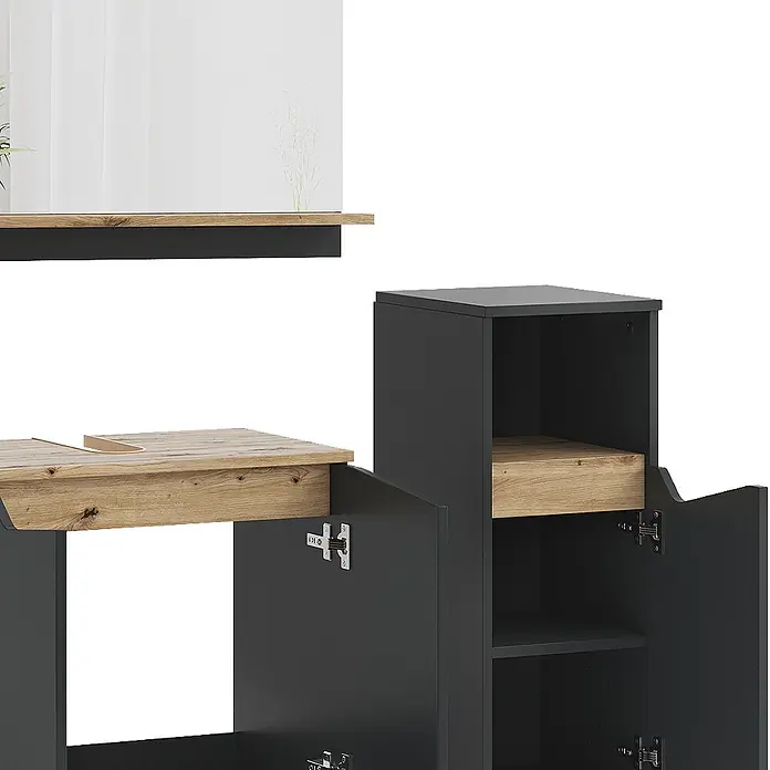 Vicco Badmöbel-Set Marelle Anthrazit 3 Teile, mit Midischrank - Gesamtbreite Badmöbel: 90 cm, Anthrazit, Matt - Dunkelgraue modulare Möbel mit hellen Holz-Effekt-Platten und -Regalen, mit offener Ablage und Schranktüren.