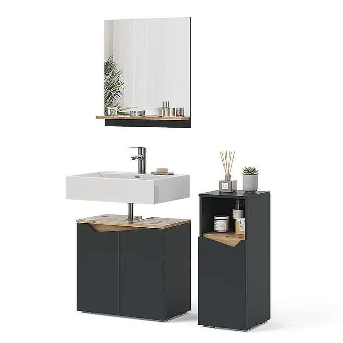 Vicco Badmöbel-Set Marelle Anthrazit 3 Teile, mit Midischrank - Gesamtbreite Badmöbel: 90 cm, Anthrazit, Matt - Modernes dunkelgraues Badmöbelset mit weißem Waschbecken, Holzoptik-Spiegelablage und passendem Hochschrank.