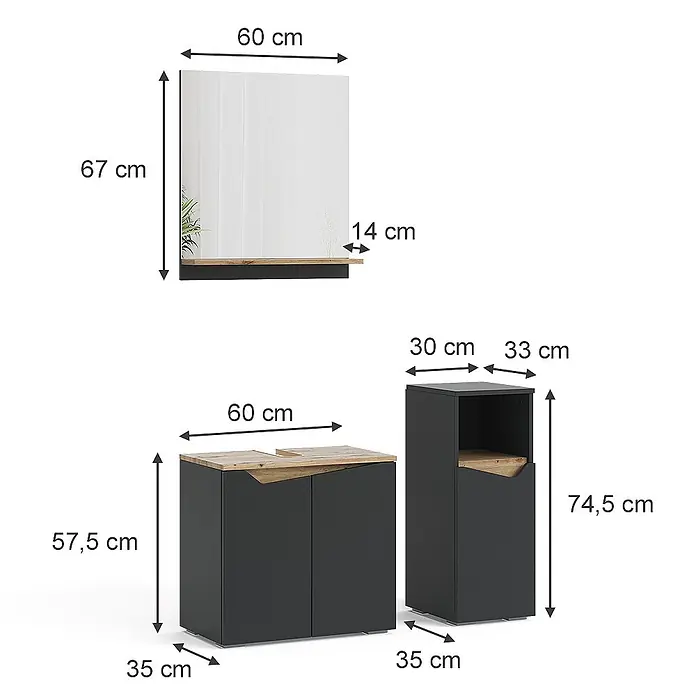 Vicco Badmöbel-Set Marelle Anthrazit 3 Teile, mit Midischrank - Gesamtbreite Badmöbel: 90 cm, Anthrazit, Matt - Badezimmermöbel-Set bestehend aus Spiegel, Unterschrank mit zwei Türen und einem Hochschrank in Dunkelgrau und hellem Holz.