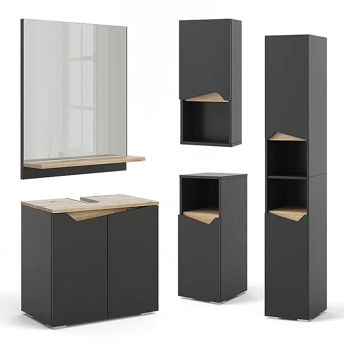 Vicco Badmöbel-Set Marelle Anthrazit 3 Teile, mit Midischrank - Gesamtbreite Badmöbel: 90 cm, Anthrazit, Matt - Modernes dunkelgraues Badmöbelset mit hellen Holzdetails, bestehend aus Waschtischunterschrank, Spiegel und verschiedenen Schränken.