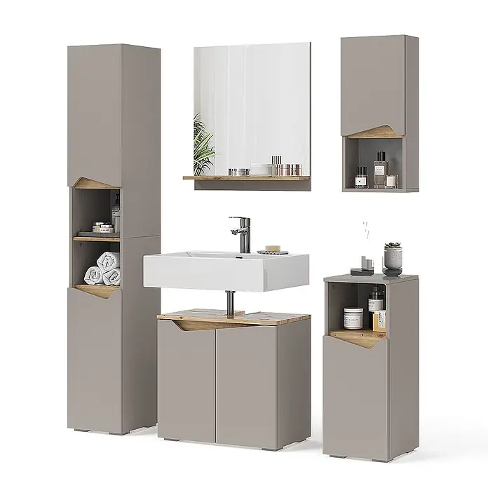 Vicco Badmöbel-Set Marelle Greige 5 Teile - Gesamtbreite Badmöbel: 120 cm, Greige, Matt - Modernes graues Badmöbelset mit Holzdetails: Waschtisch, Hoch-, Wand- und Beistellschrank.