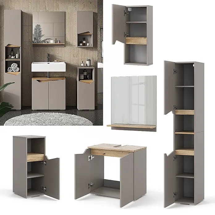 Vicco Badmöbel-Set Marelle Greige 5 Teile - Gesamtbreite Badmöbel: 120 cm, Greige, Matt - Modernes graues Badmöbelset mit Naturholzdetails: Waschtisch, Hochschrank, Wandschrank und Spiegel für stilvolle Aufbewahrung.