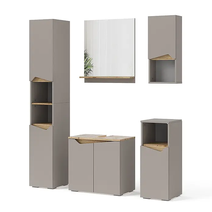Vicco Badmöbel-Set Marelle Greige 5 Teile - Gesamtbreite Badmöbel: 120 cm, Greige, Matt - Modulares Badezimmermöbel-Set in Grau mit natürlichen Holzdetails, bestehend aus Schränken, Spiegel und Waschtisch.