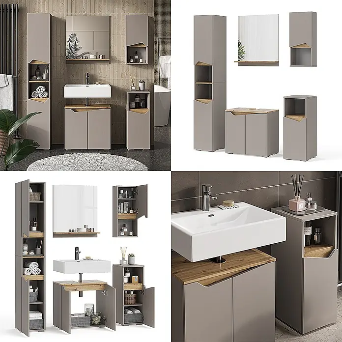 Vicco Badmöbel-Set Marelle Greige 5 Teile - Gesamtbreite Badmöbel: 120 cm, Greige, Matt - Badmöbelset in Taupe mit Holzdetails, bestehend aus Hochschrank, Waschtisch mit Waschbecken, Wandschrank und Unterschrank.